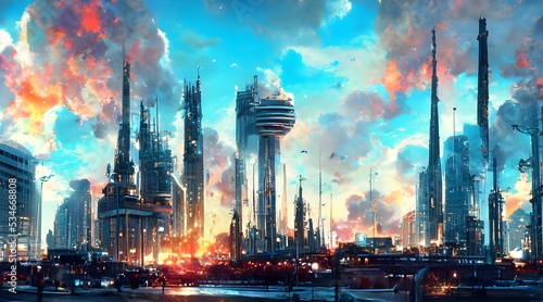 A futuristic cityscape with a futuristic looking building in the background