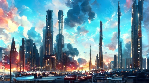A futuristic cityscape with a futuristic looking building in the background