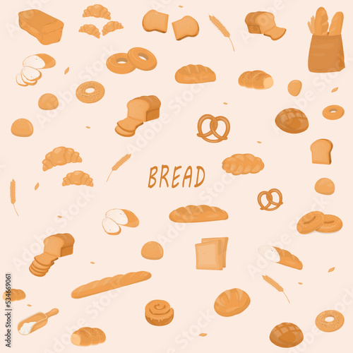 Set of bakery bread products elements with text bread