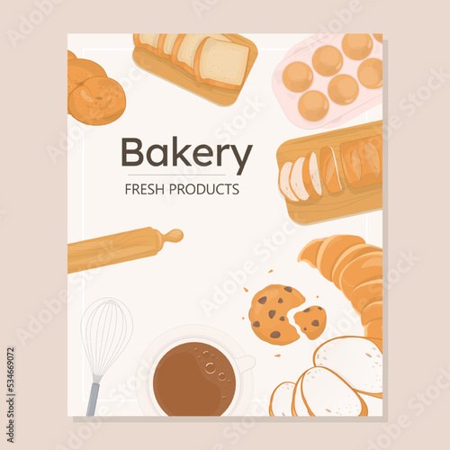 Bakery background template with bread and baking tools