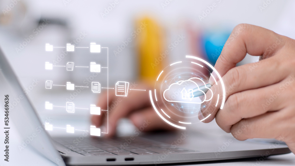 Cloud computing concept - connect to cloud. Businessman or information technologist click on cloud computing icon. Cloud computing concept - connect to cloud. Businessman or information technologist click on cloud computing icon.