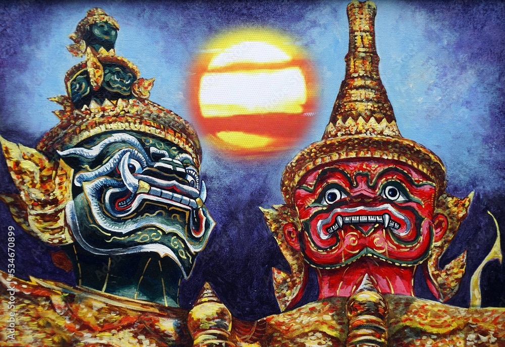 Fototapeta premium hand painted original impressionism art oil painting giant guardians grand palace bangkok thailand and ramayana story