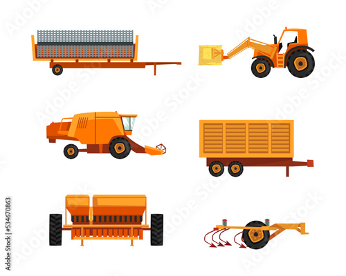 Agricultural machinery set. Farmer agricultural vehicles for field processing and harvesting, industrial transport cartoon vector illustration
