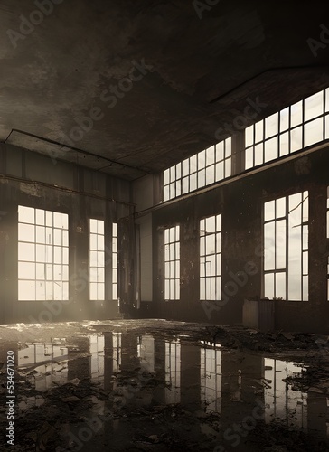 Abandoned factory, ruined and crumbling. 