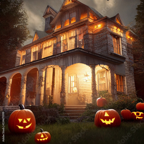 [Halloween theme]Old house with hallowen pumpkins in the garden photo