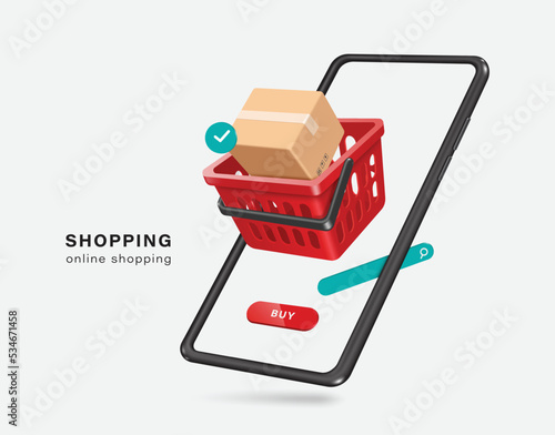 Parcel box and order confirmation icon are placed in red shopping cart and they are all displayed on smartphone screen,vector 3d isolated on white background for delivery and online shopping design