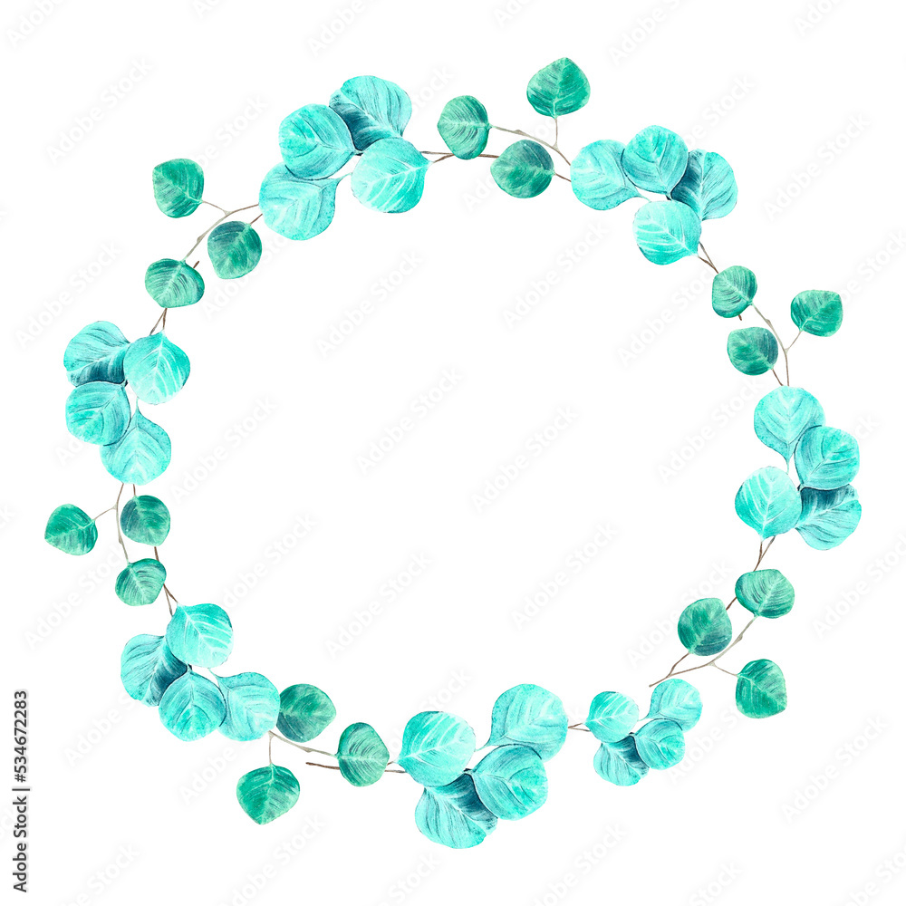 wreath of watercolor eucalyptus branch on isolated white background, hand drawn. Perfect for card design, invitation, scrapbooking, fabric printing. wreath of watercolor eucalyptus branch on isolated white background, hand drawn. Perfect for card design, invitation, scrapbooking, fabric printing.