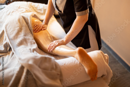 Canvastavla Woman receiving professional recovering and anti-cellulite massage on her legs at Spa salon