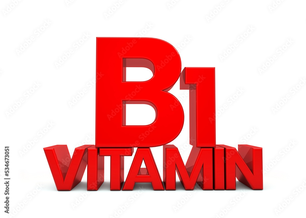Vitamin B1 letter in red isolated on white background. Vitamin B1 3d. Natural sources of Vitamin concept. 3D rendering Vitamin B1 letter in red isolated on white background. Vitamin B1 3d. Natural sources of Vitamin concept. 3D rendering