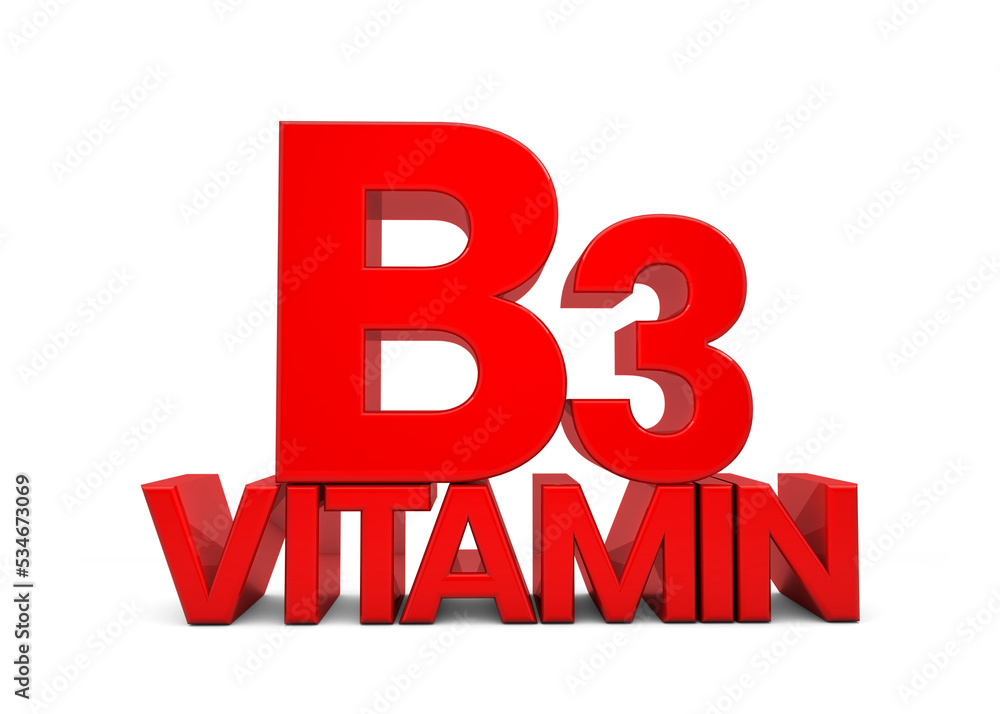 Vitamin B3 letter in red isolated on white background. Vitamin B3 3d. Natural sources of Vitamin concept. 3D rendering Vitamin B3 letter in red isolated on white background. Vitamin B3 3d. Natural sources of Vitamin concept. 3D rendering