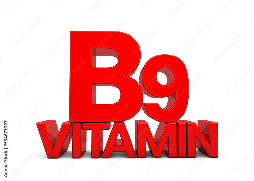 Vitamin B9 letter in red isolated on white background. Vitamin B9 3d. Natural sources of Vitamin concept. 3D rendering Vitamin B9 letter in red isolated on white background. Vitamin B9 3d. Natural sources of Vitamin concept. 3D rendering