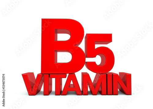 Vitamin B5 letter in red isolated on white background. Vitamin B5 3d. Natural sources of Vitamin concept. 3D rendering