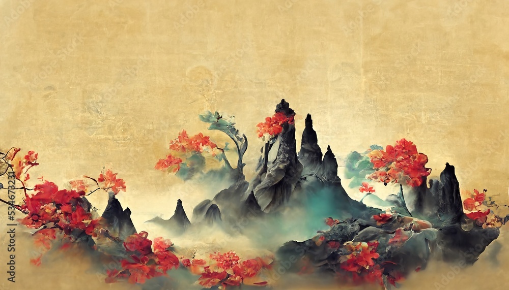Chinese and Japanese oriental painting with golden texture. Golden