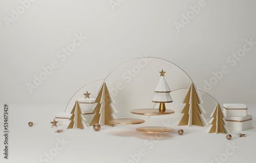 Gold edged podium and white christmas tree with gold edge elegant christmas and new year on white background. photo