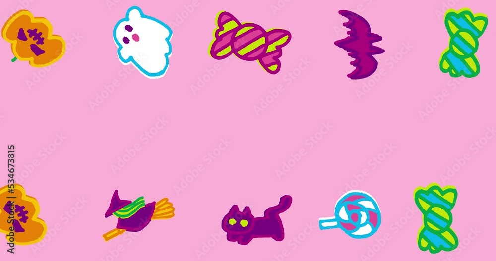 Lots of cute Halloween icons roll in above and below the pink background. Jack-o'-lanterns, ghosts, witches, black cats, bats, sweets Lots of cute Halloween icons roll in above and below the pink background. Jack-o'-lanterns, ghosts, witches, black cats, bats, sweets