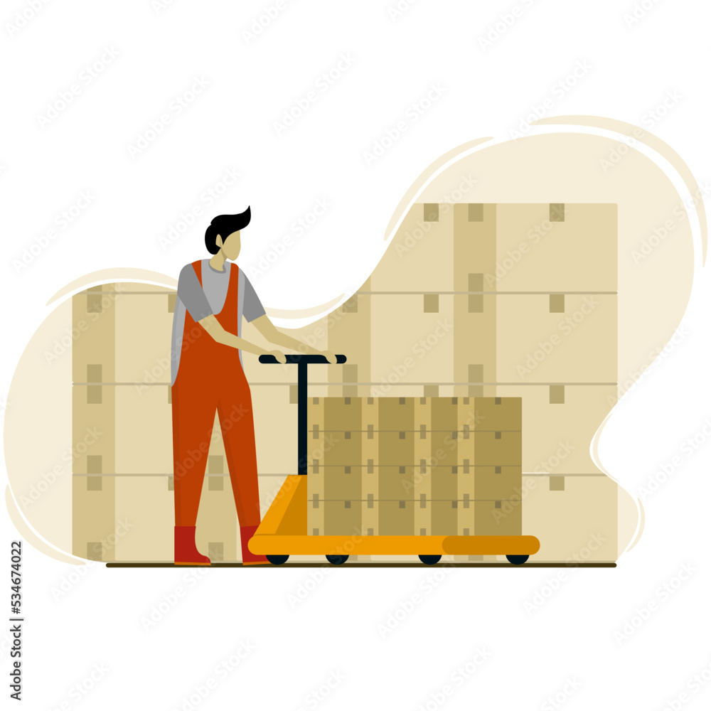 Storage, sorting and shipping. Storage equipment. Loaders move pallets with boxes in piles using hand pallet trucks. Vector illustration. Storage, sorting and shipping. Storage equipment. Loaders move pallets with boxes in piles using hand pallet trucks. Vector illustration.