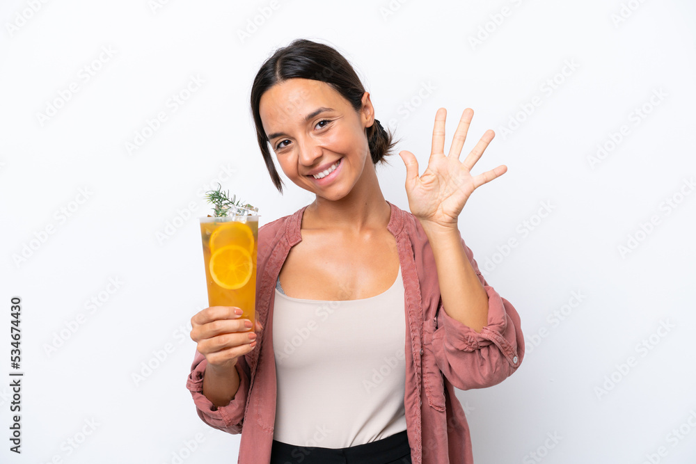 Young hispanic woman holding a cocktail isolated on white background counting five with fingers Young hispanic woman holding a cocktail isolated on white background counting five with fingers