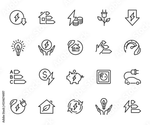 Vector set of energy saving line icons. Contains icons energy efficiency, power consumption, energy costs, green house, reduction consumption, electric car and more. Pixel perfect.