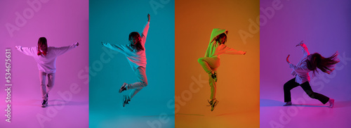 Collage of four young Asian woman dancing and jumping cheerfully. Moving fun and listen music. Neon light background. Isolated. Concept of fashion, expressions, beauty, ad. Flyer
