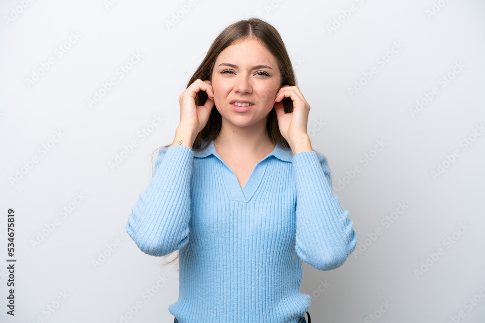 Young Lithuanian woman isolated on white background frustrated and covering ears Young Lithuanian woman isolated on white background frustrated and covering ears