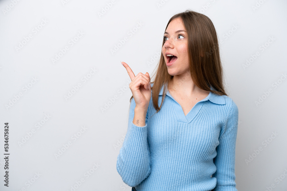 Young Lithuanian woman isolated on white background intending to realizes the solution while lifting a finger up Young Lithuanian woman isolated on white background intending to realizes the solution while lifting a finger up