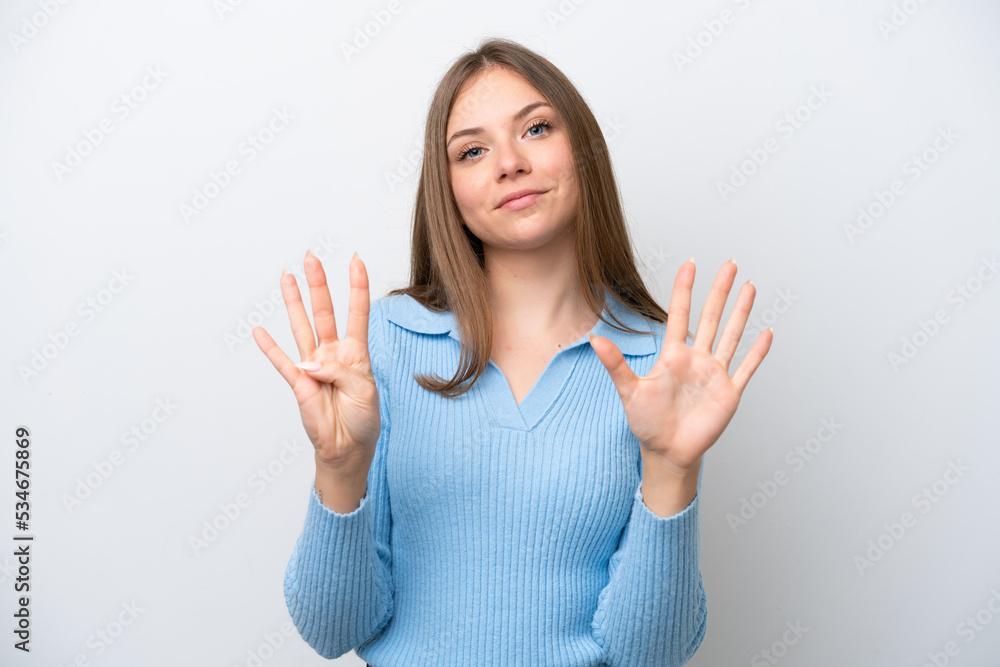Young Lithuanian woman isolated on white background counting nine with fingers Young Lithuanian woman isolated on white background counting nine with fingers