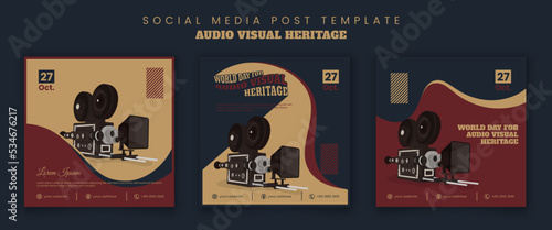 Social media post template with video camera design and vintage red blue yellow background design
