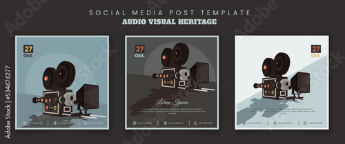 Set of social media post template with vintage video camera design for audio visual heritage day