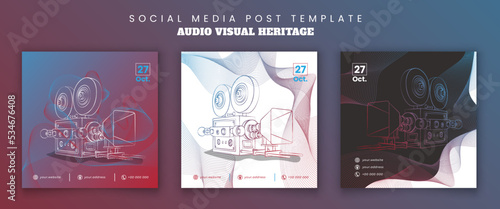 Set of social media post template with line art of video camera with flying lines design