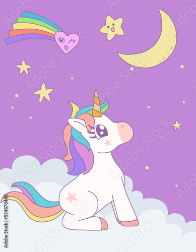 Cute rainbow unicorn sitting looking at the moon on the cloud with star in the sky. Vector design illustration.