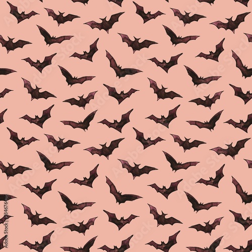 seamless pattern with watercolor bats on a beige background. pattern design for halloween. Use for printing wrapping paper, paper, textiles and decoration. © Tatyana