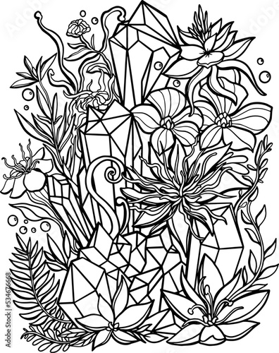 Fantasy flowers and magical gemstones. Coloring book antistress for children and adults. Vector illustration isolated on white background