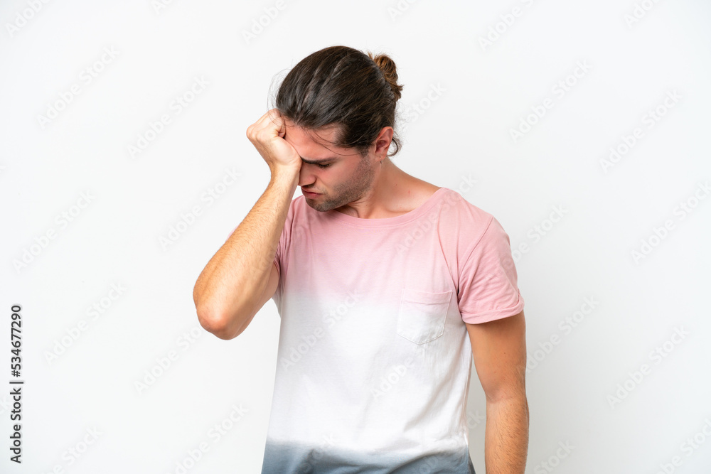 Caucasian handsome man isolated on white background with headache Caucasian handsome man isolated on white background with headache