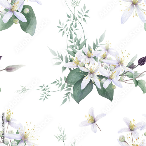 Seamless floral pattern with bouquets of small white clematis flowers, buds, green leaves and separate white flowers hand drawn in watercolor isolated on a white background. Watercolor floral pattern. © Tatiana