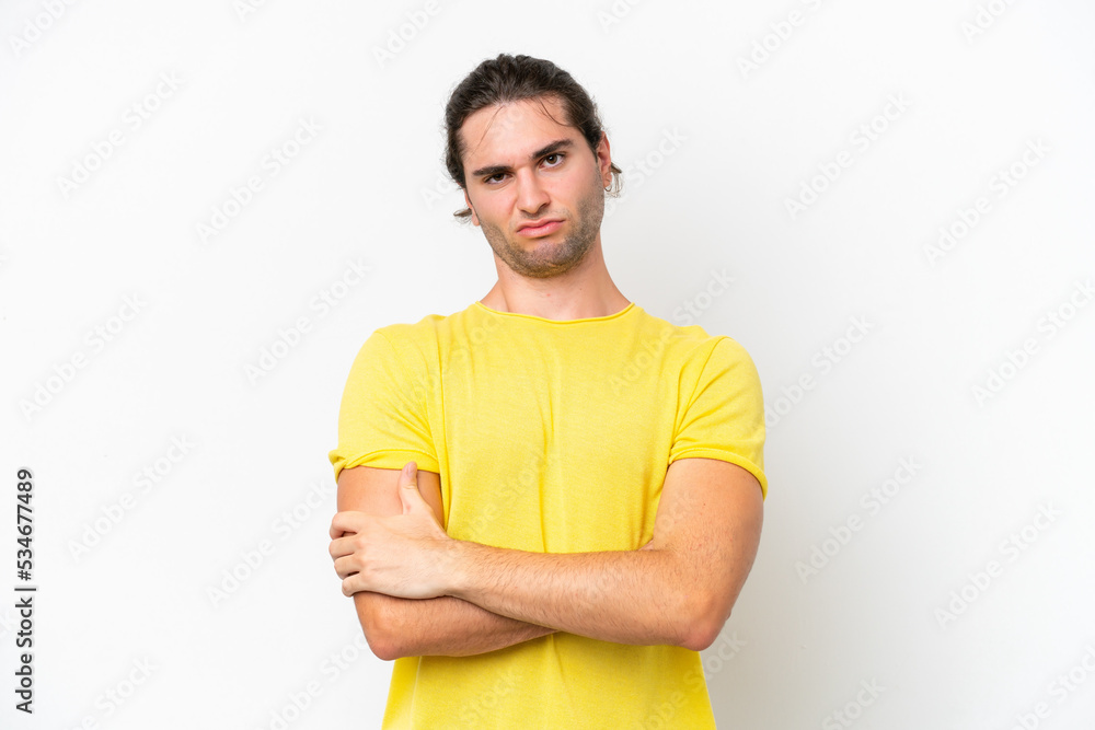 Caucasian handsome man isolated on white background feeling upset Caucasian handsome man isolated on white background feeling upset