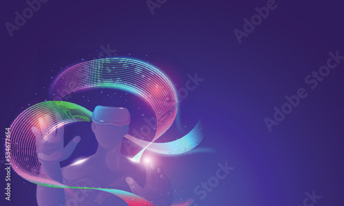 Cartoon Man Touching Gradient Waves Through VR Headset On Shiny Blue Background.