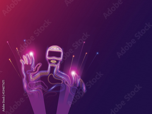 Abstract Human Wearing VR Headset With Touching Virtual Lights On Gradient Purple And Red Background.