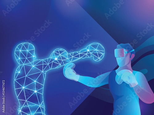 Futuristic Digital Technology, Metaverse Game Concept, 3D Man Boxing With Polygonal Human Against Blue Background.
