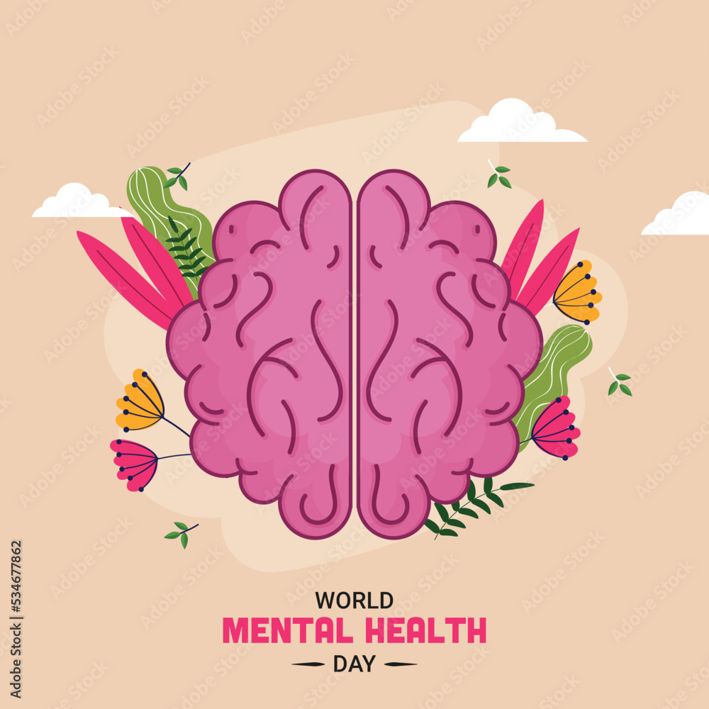 World Mental Health Day Concept With Vector Brain, Flower And Leaves On Peach Background. World Mental Health Day Concept With Vector Brain, Flower And Leaves On Peach Background.