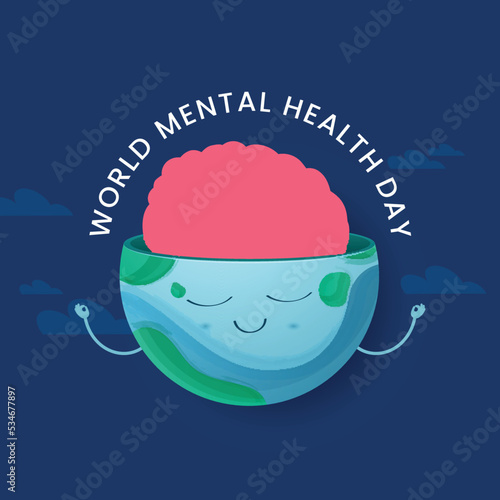 World Mental Health Day Concept With Brain In Half Earth Globe Against Blue Background.