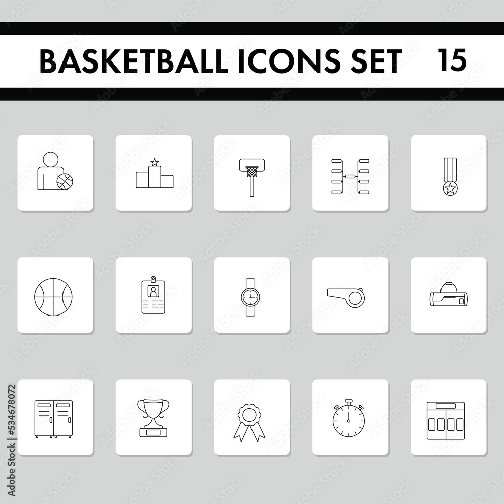 Black Lineal Style Basketball Icons Set On Grey Square Background. Black Lineal Style Basketball Icons Set On Grey Square Background.