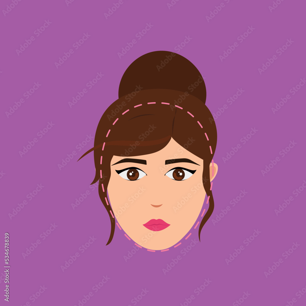 Oval Face Smart Girl With Hair Bun Icon Over Light Magenta Background. Oval Face Smart Girl With Hair Bun Icon Over Light Magenta Background.