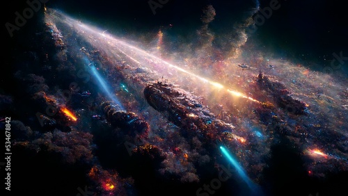 Fotografia Giant space ships navigating through space war, laser canon