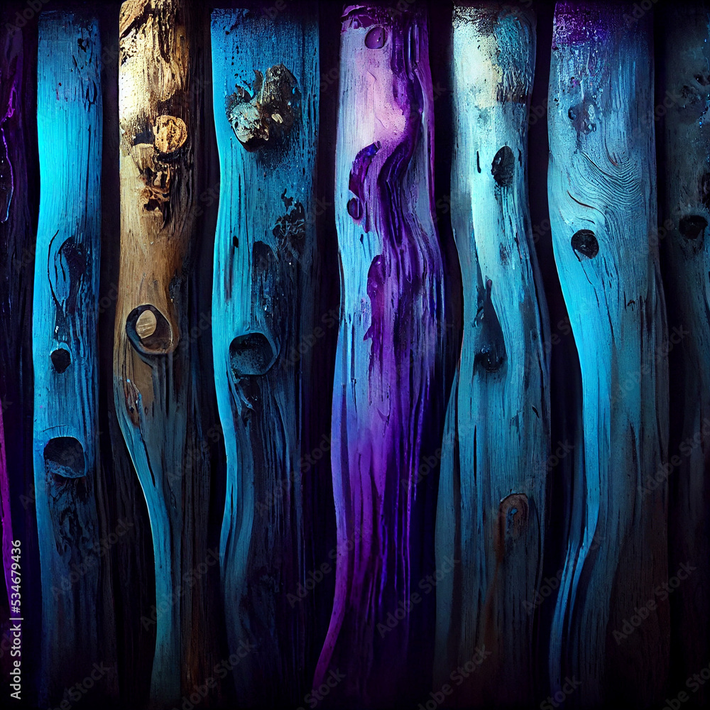 Driftwood wood, melting multicolor metallic crayon colors, splatter and long drips inner illumination, dark-blue light-blue black dark-purple and violet water, cinematic lighting, photo r - obrazy, fototapety, plakaty 