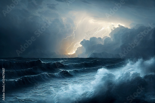 A storm over the sea with rough waves. Digital art in the style of a Rococo or Late Baroque traditional painting. Canvas paint texture throughout. 