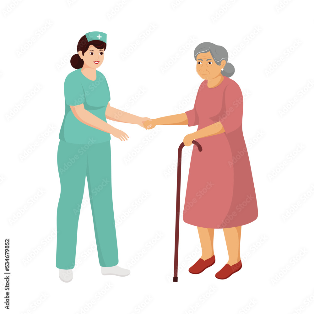 Nurse Assisting Old Woman On A Walker Against White Background. Nurse Assisting Old Woman On A Walker Against White Background.