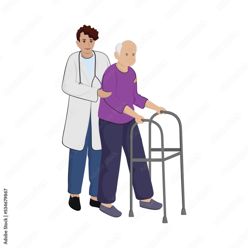 Doctor Assisting Old Man On A Walker Against White Background. Doctor Assisting Old Man On A Walker Against White Background.