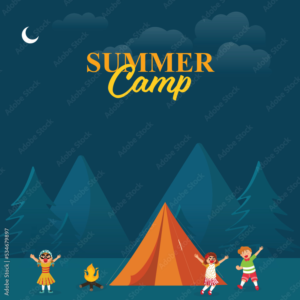 Summer Camp Poster Design With Cartoon Kids Enjoying In Front Of Tent And Bonfire On Blue Nighttime Nature Background. Summer Camp Poster Design With Cartoon Kids Enjoying In Front Of Tent And Bonfire On Blue Nighttime Nature Background.