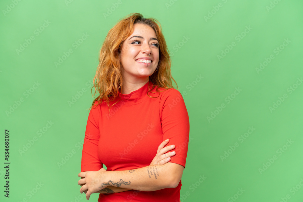 Young caucasian woman isolated on green screen chroma key background happy and smiling Young caucasian woman isolated on green screen chroma key background happy and smiling