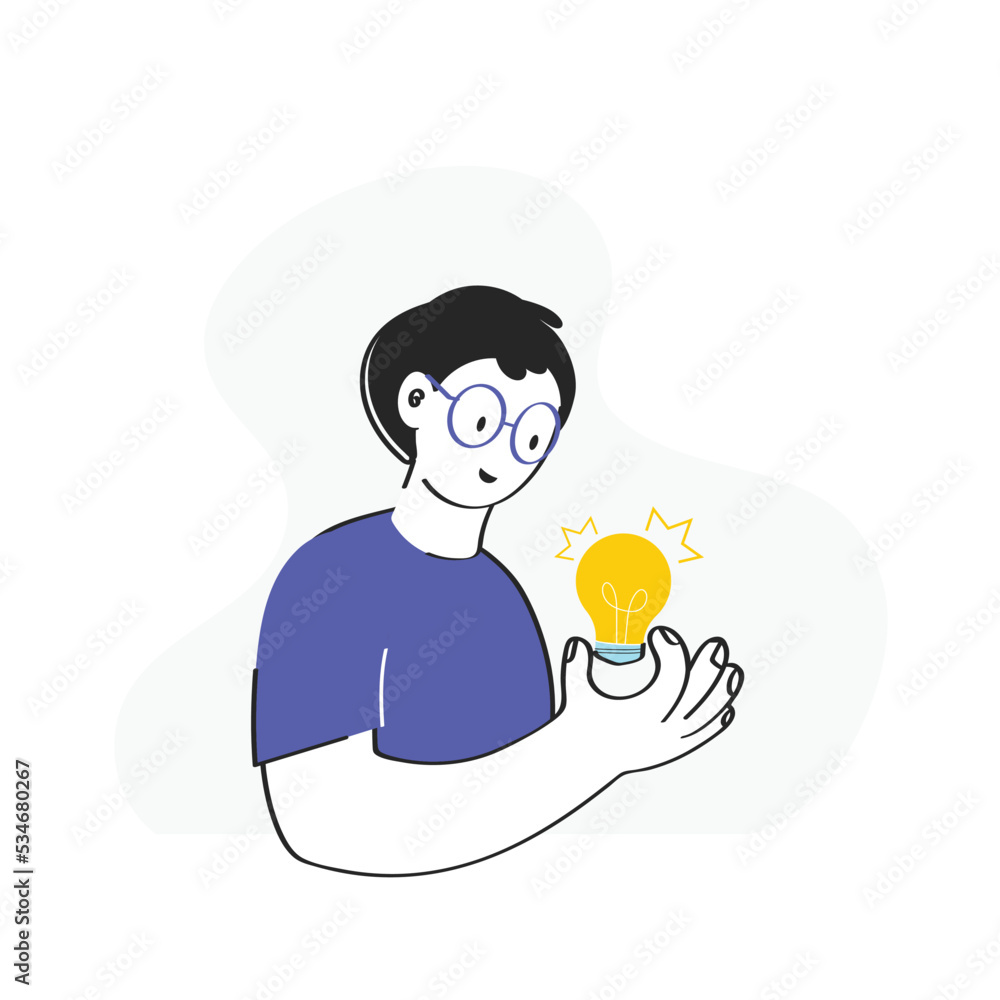 Vector Cartoon Man Holding Light Bulb On White Background For Idea Concept.